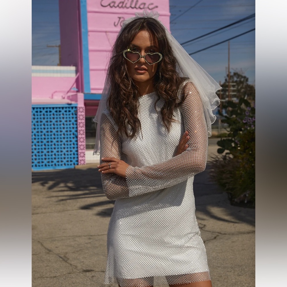 12th Tribe Anna White Rhinestone Mesh Mini Dress Small